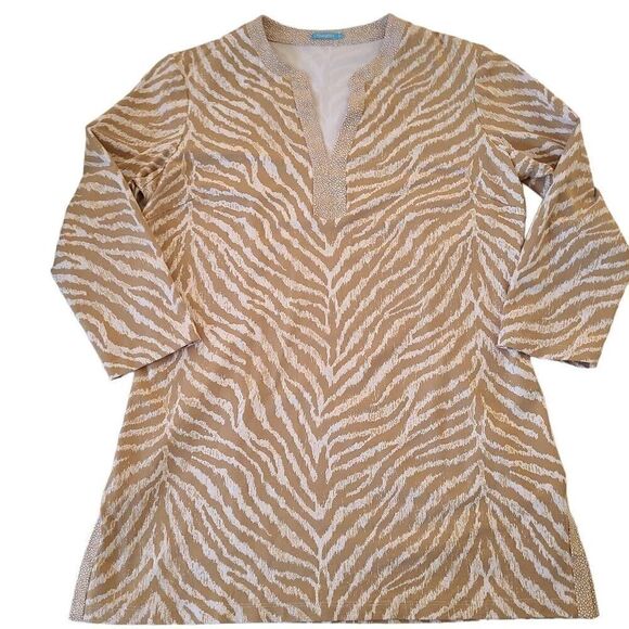 J McLaughlin Womens Beige White Print Long Sleeve Tunic Top Medium - Picture 5 of 12